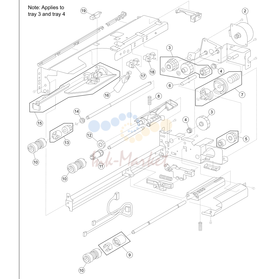 2. Assembly 4: Media feed unit exploded (tray 1 and tray 2)