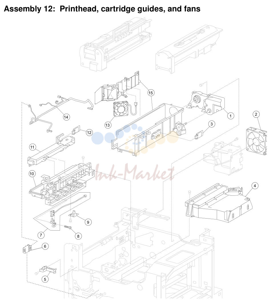 10. Assembly 12: Printhead, cartridge guides, and fans