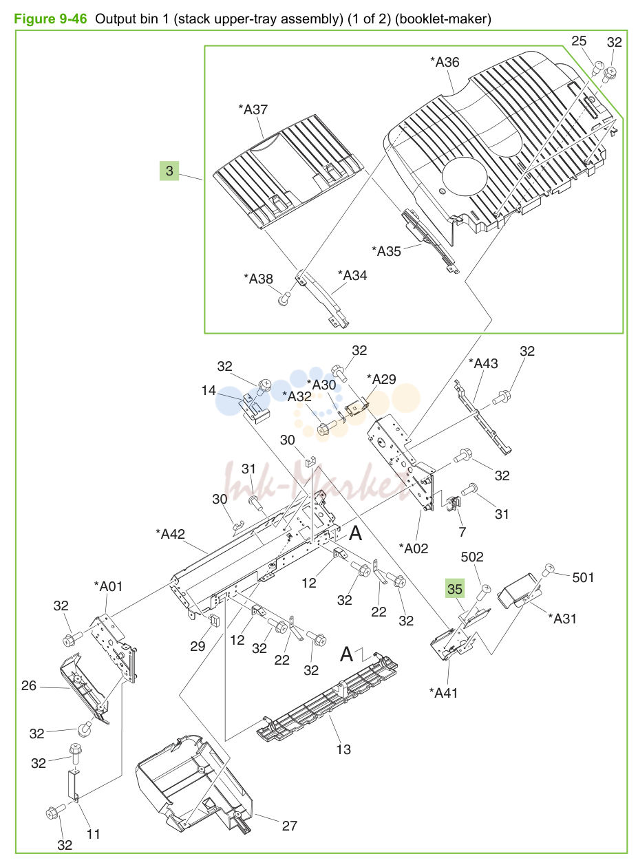 21. Figure 9-46 Output bin 1 (stack upper-tray assembly) (1 of 2) (booklet-maker)