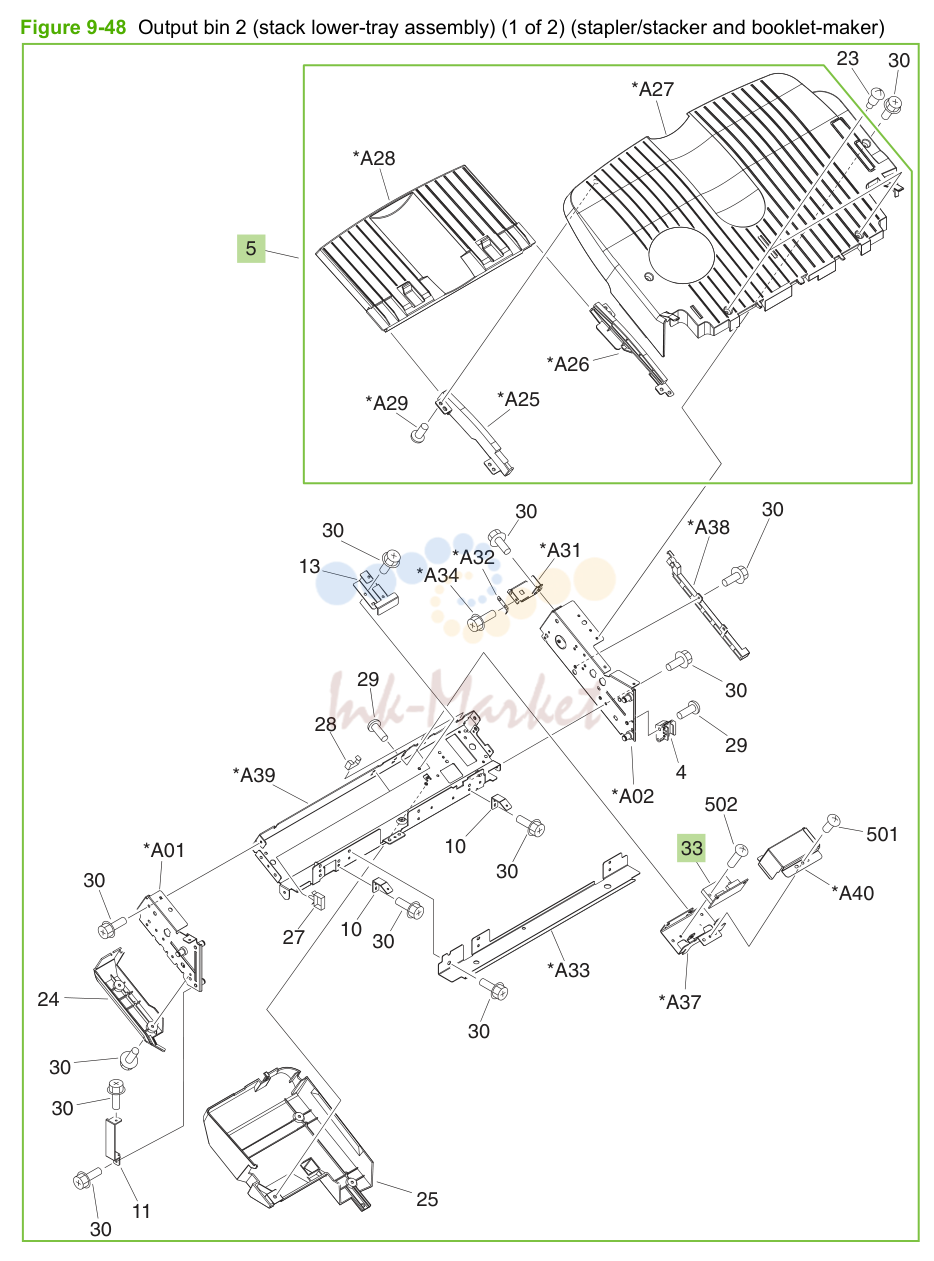 22. Figure 9-48 Output bin 2 (stack lower-tray assembly) (1 of 2) (stapler/stacker and booklet-maker)