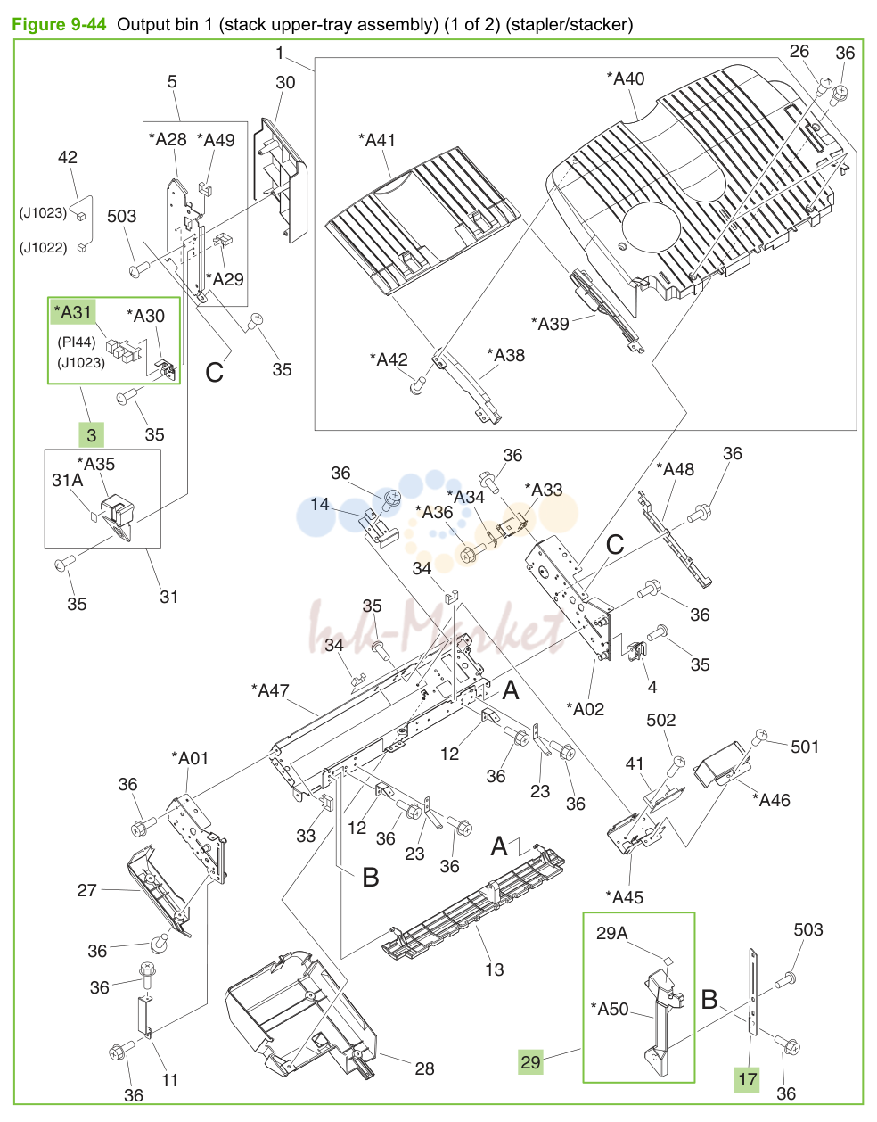20. Figure 9-44 Output bin 1 (stack upper-tray assembly) (1 of 2) (stapler/stacker)