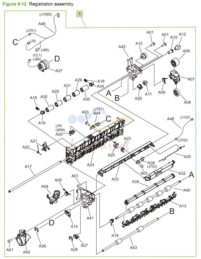 HP CM3530 Registration assembly printer parts diagram