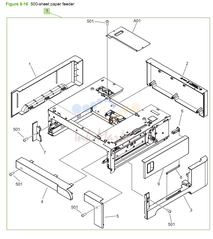 HP CM3530 500 sheet paper feeder assembly printer parts diagram
