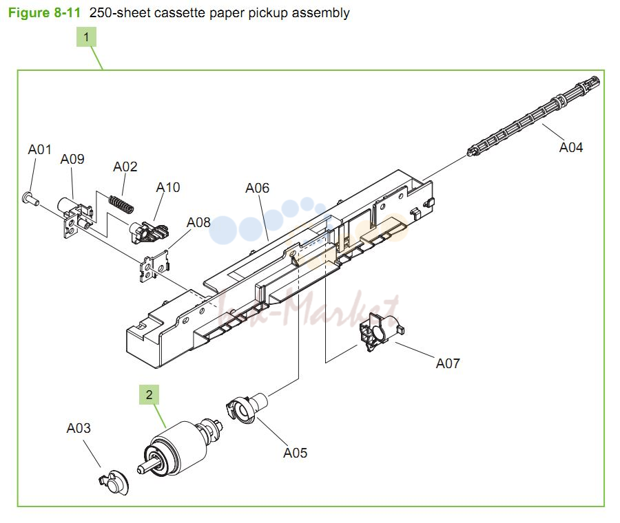HP CM3530 250 sheet cassette paper pickup assembly printer parts diagram
