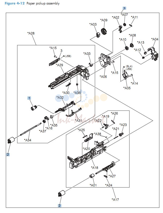 HP CM4540 Paper pickup assy printer parts diagram