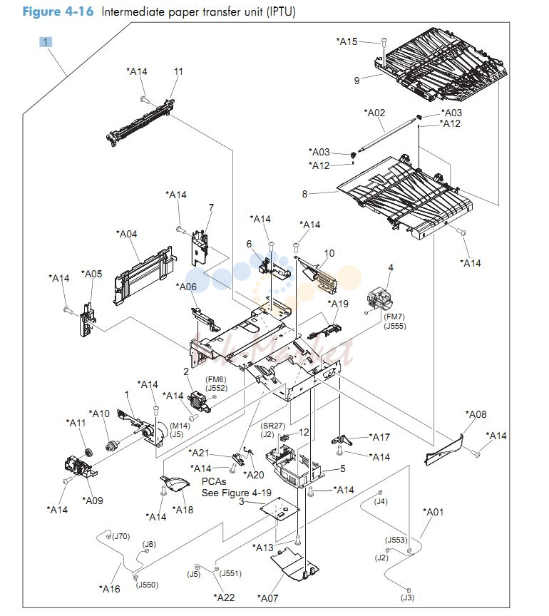HP CM4540 Intermediate paper transfer unit IPTU printer parts diagram