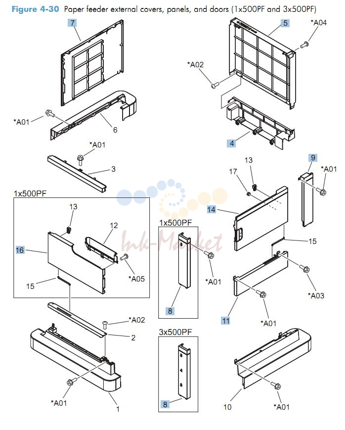 HP CM4540 Paper feeder external covers, panels and doors 1 x 500 and 3 x 500 printer parts diagram