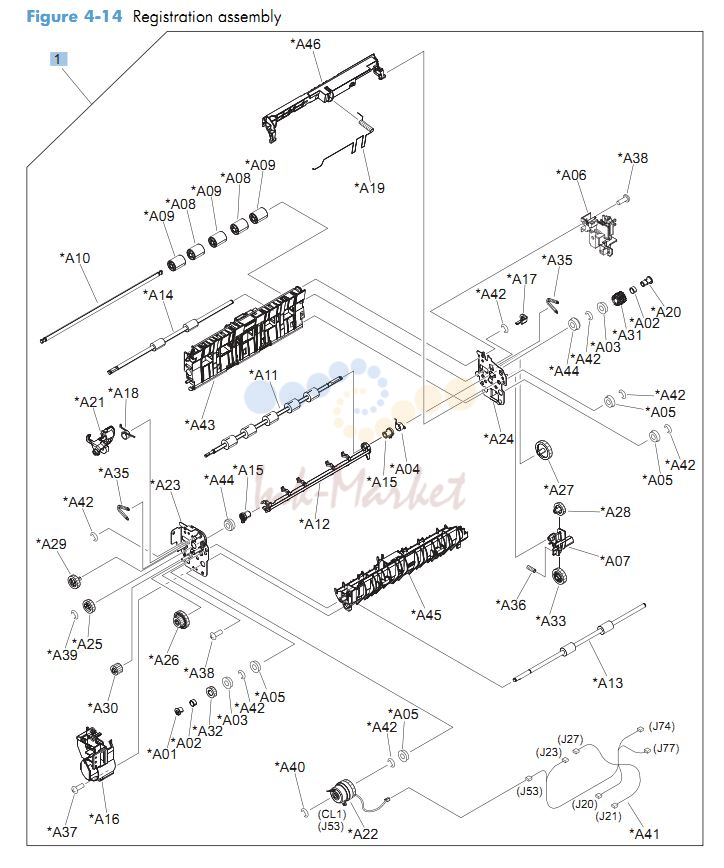 HP CM4540 Registration assembly printer parts diagram