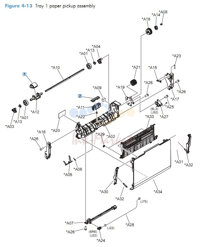 HP CM4540 Tray 1 paper pickup assembly printer parts diagram