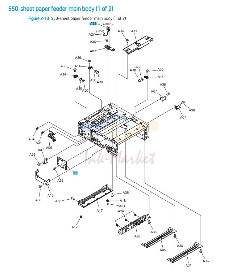 HP M454 M479 550 sheet paper feeder main body 1 of 2 printer parts diagram
