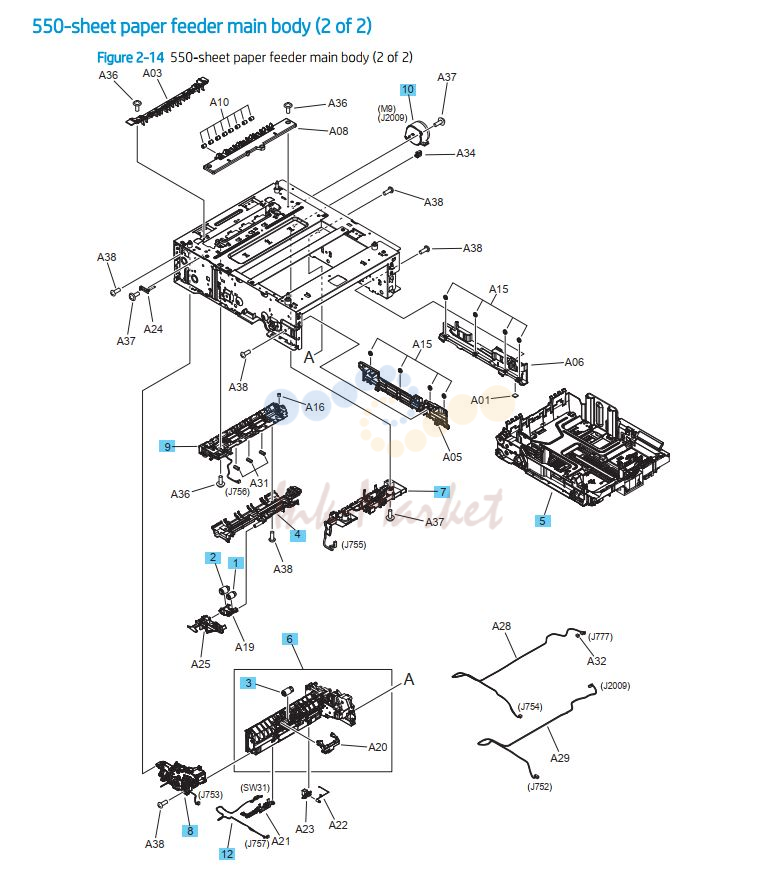 HP M454 M479 550 sheet paper feeder main body 2 of 2 printer parts diagram