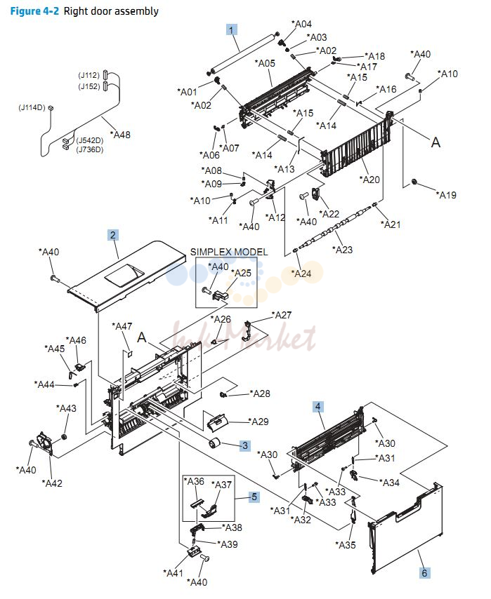 1. HP CP5525n Right door assembly printer parts diagram