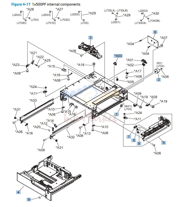 13. HP CP5525n 1 x 500 paper feeder internal components assembly printer parts diagram