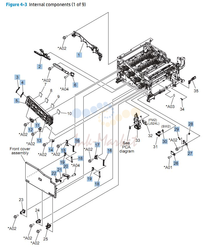 2. HP CP5525n Internal Components 1 of 9 printer parts diagram