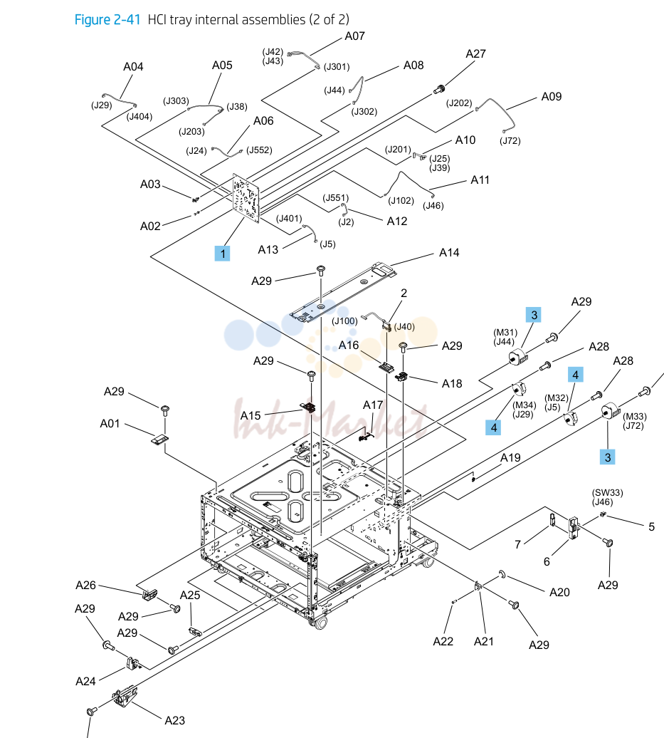 34. Parts and diagrams: High-capacity input (HCI) tray internal assemblies (2 of 2)