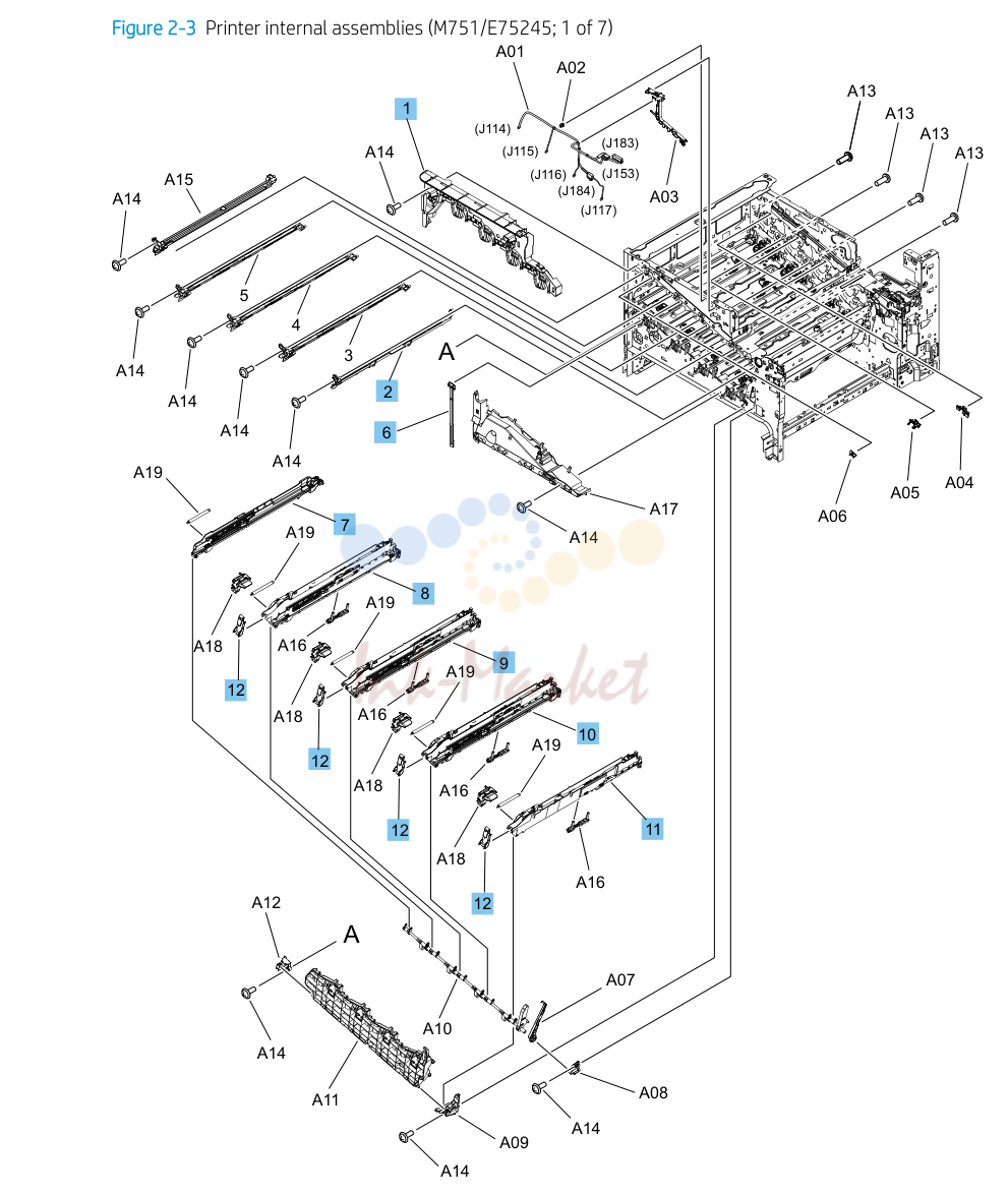 4. Parts and diagrams: Printer internal assemblies (M751/E75245; 1 of 7)