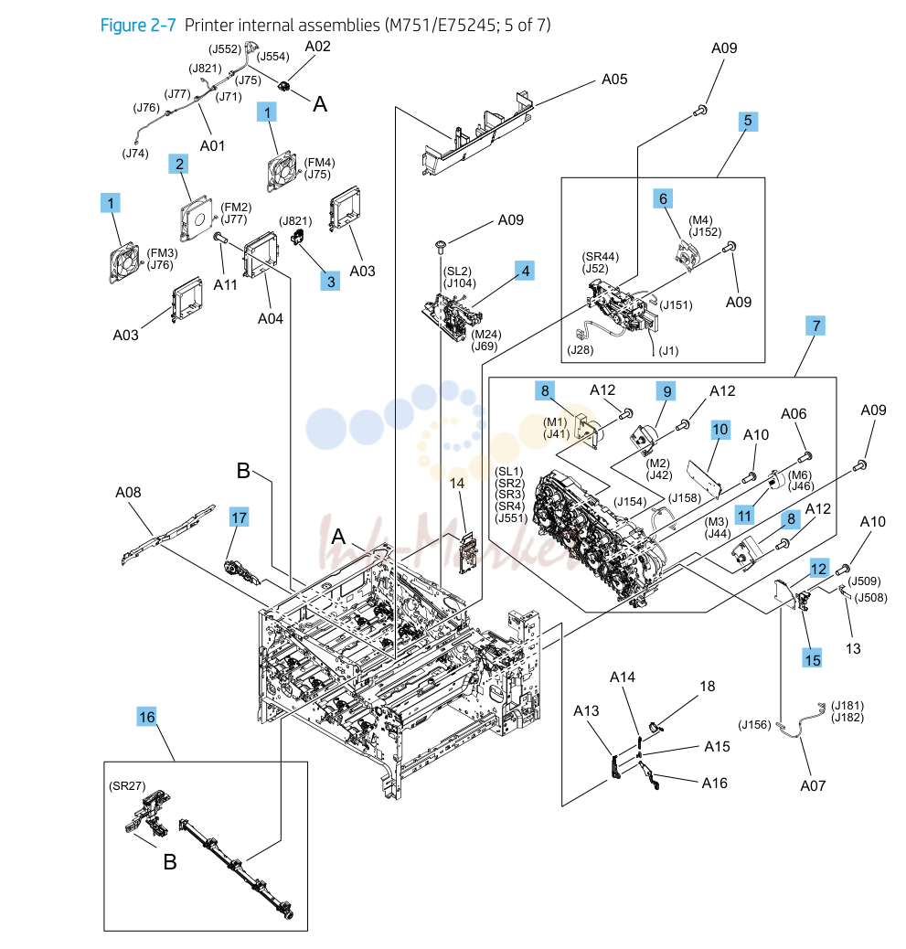 7. Parts and diagrams: Printer internal assemblies (M751/E75245; 5 of 7)