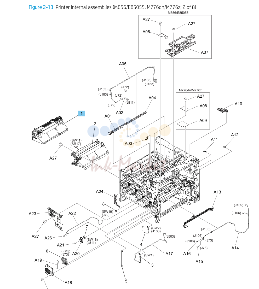 13. Parts and diagrams: Printer internal assemblies (M856/E85055, M776dn/M776z; 2 of 8)