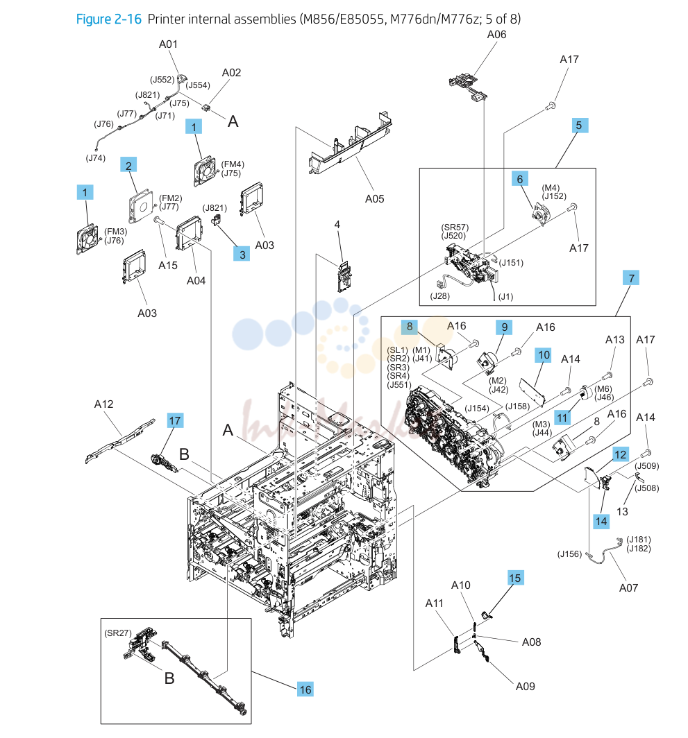 15. Parts and diagrams: Printer internal assemblies (M856/E85055, M776dn/M776z; 5 of 8)