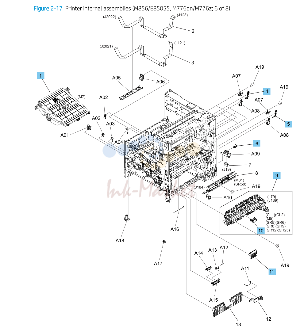 16. Parts and diagrams: Printer internal assemblies (M856/E85055, M776dn/M776z; 6 of 8)