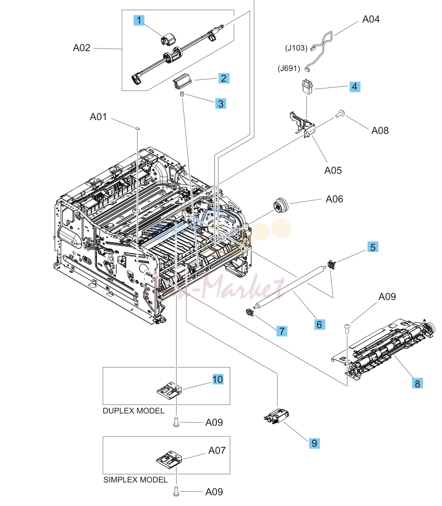 5. Internal components, printer base (3 of 3)