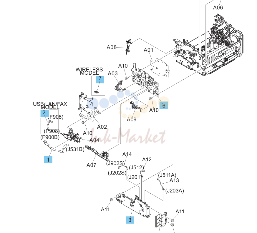 6. Internal components, printer base (1 of 2; MFP)