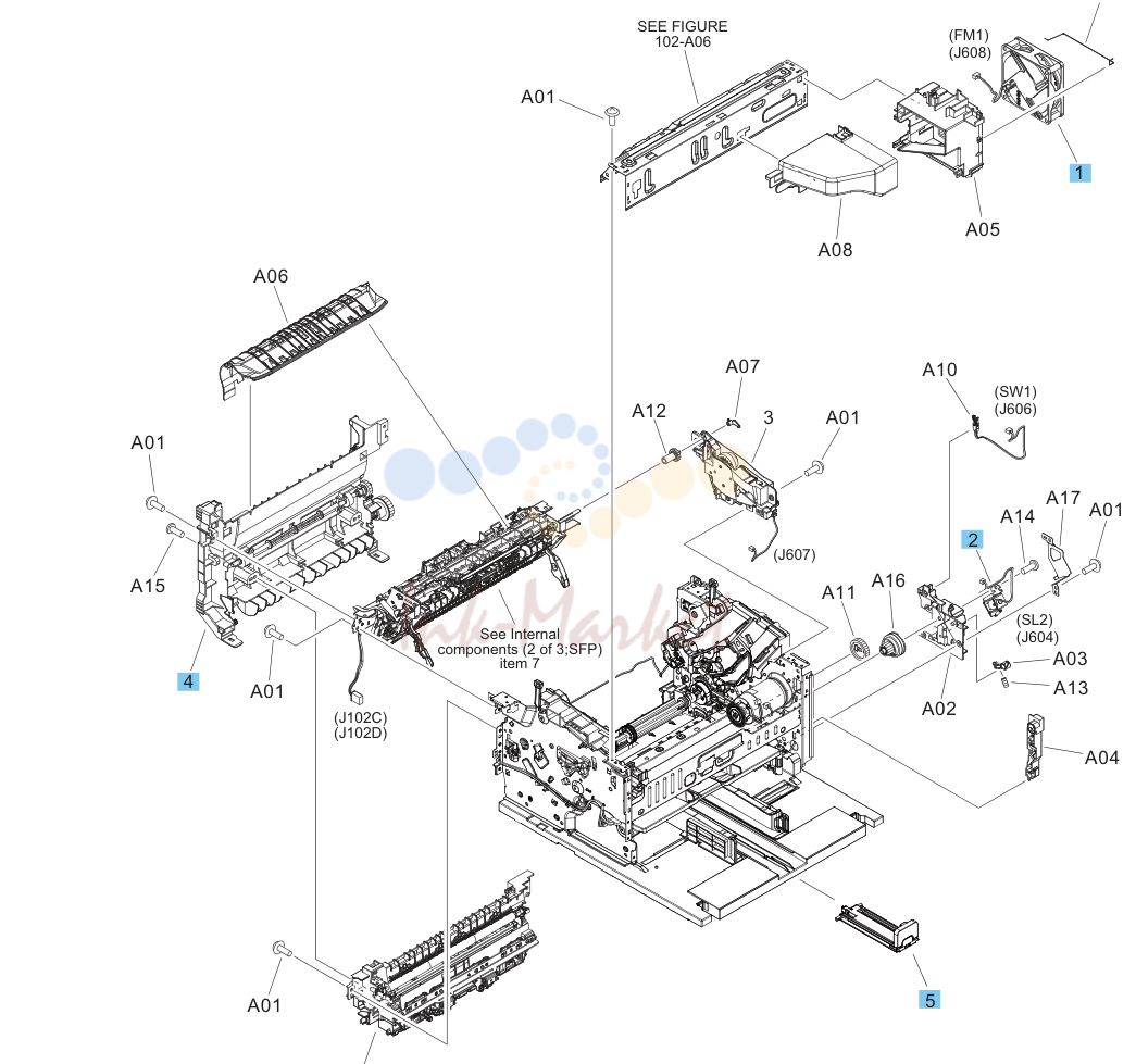 7. Internal components, printer base (3 of 3; SFP)1