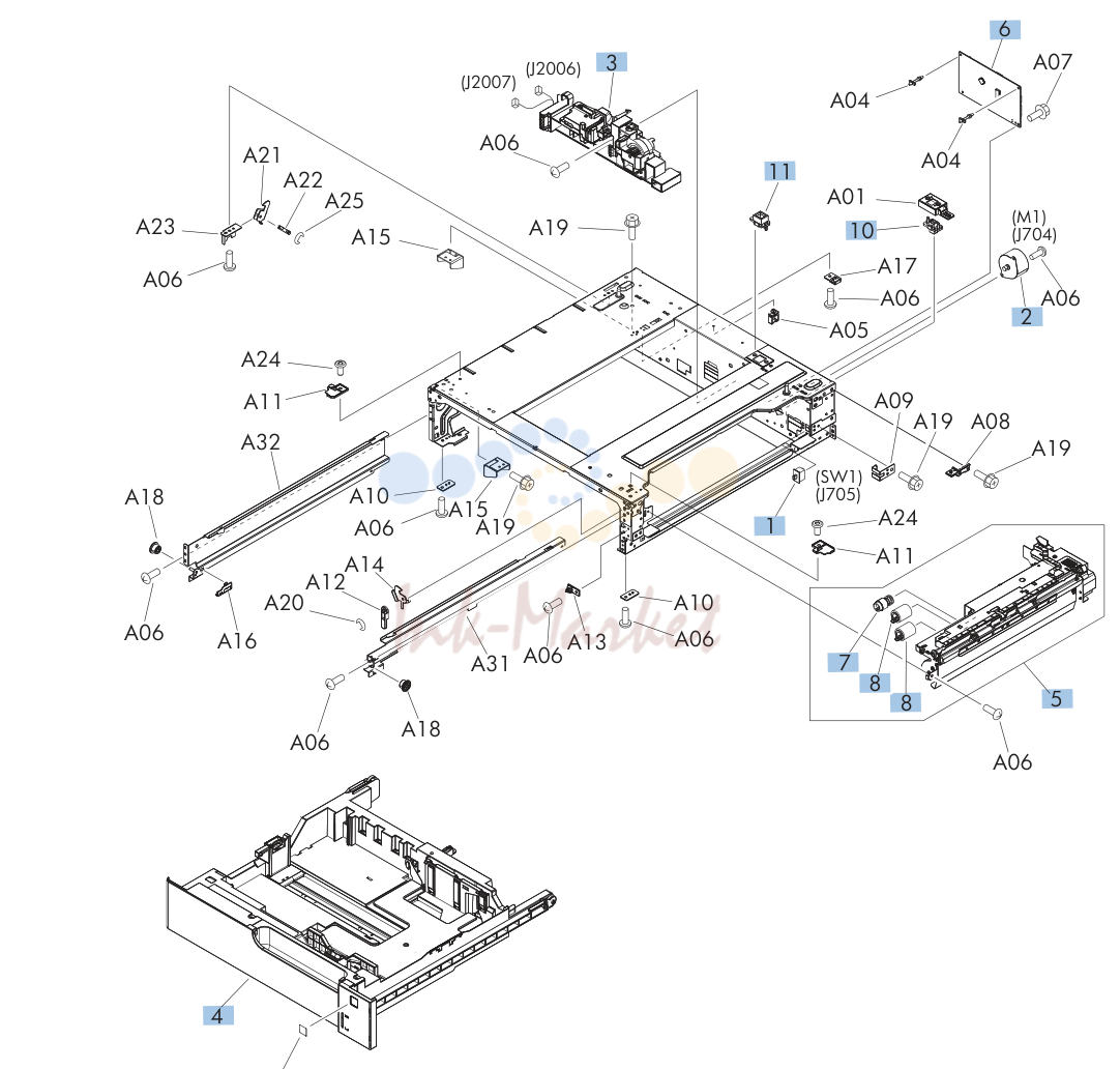 8. 500-sheet paper feeder (Tray 4) components