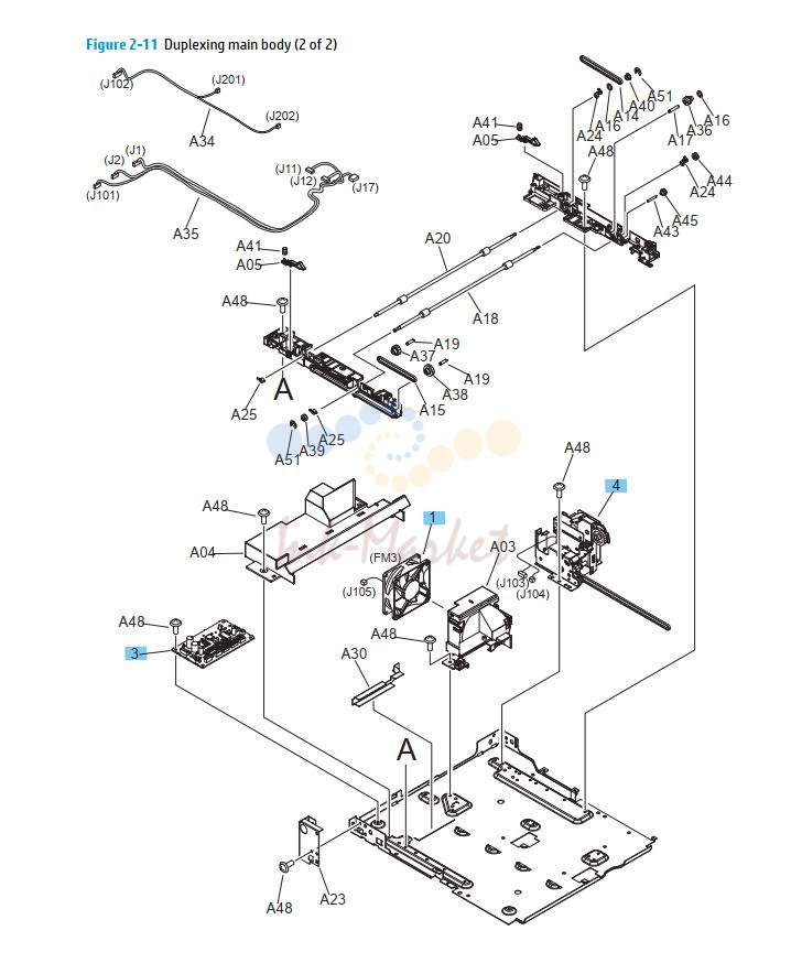 HP M701 M706 Duplexer main body printer parts diagram