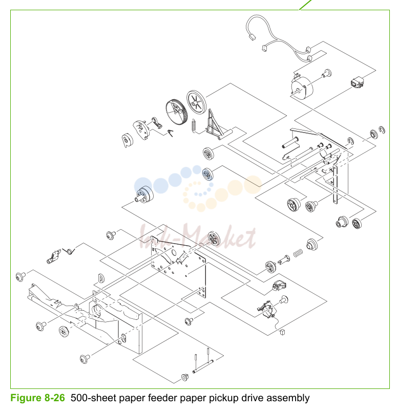 16. Figure 8-26 500-sheet paper feeder paper pickup drive assembly