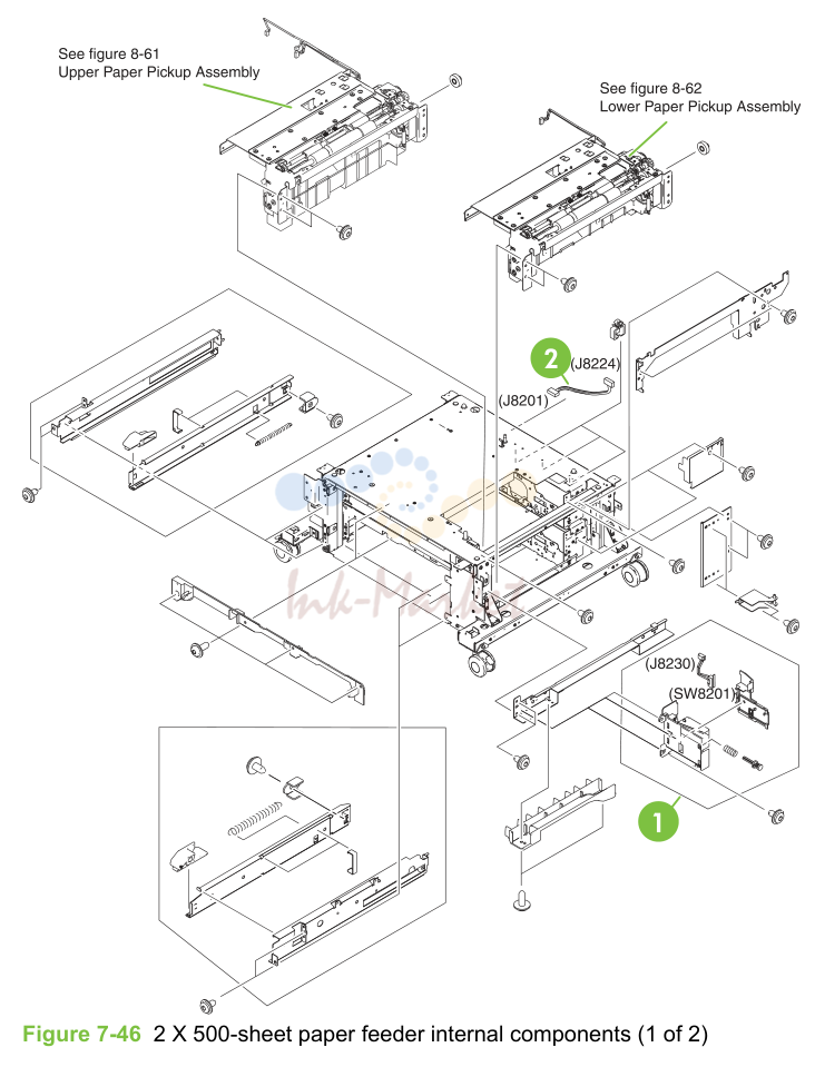 24. Figure 7-46 2 X 500-sheet paper feeder internal components (1 of 2)