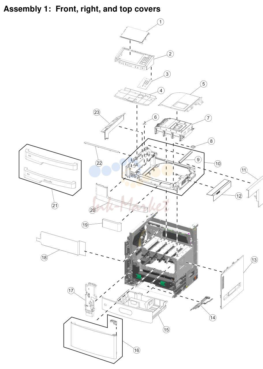 1. Assembly 1: Front, right, and top covers