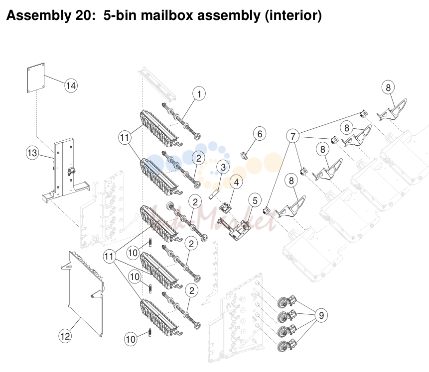19. Assembly 20: 5-bin mailbox assembly (interior)