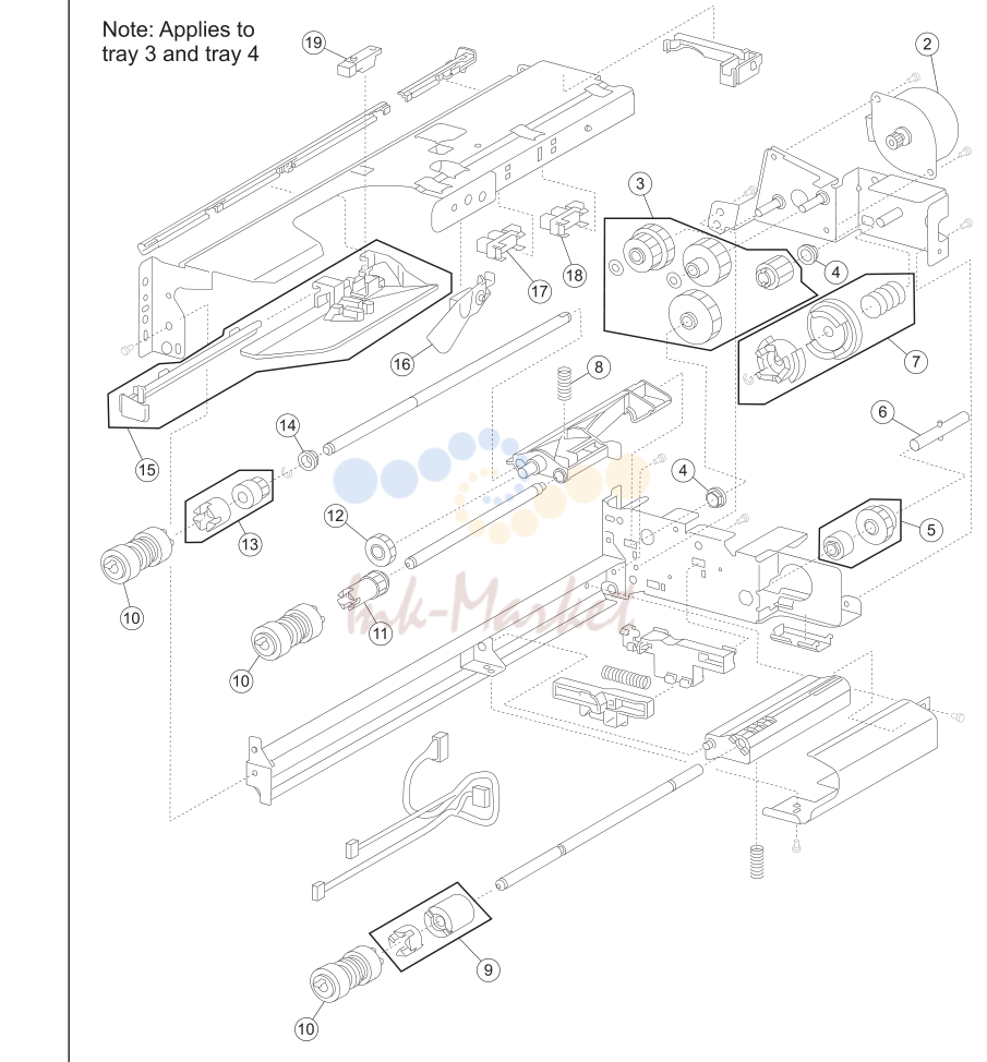 2. Assembly 4: Media feed unit exploded (tray 1 and tray 2)