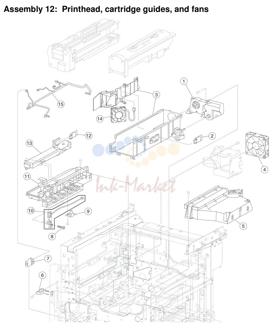 12. Assembly 12: Printhead, cartridge guides, and fans