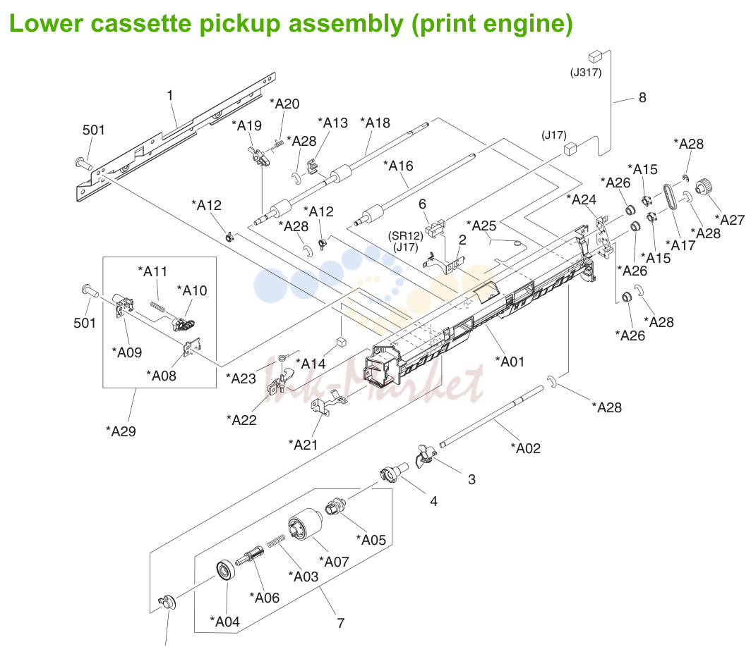 22. Lower cassette pickup assembly (print engine)