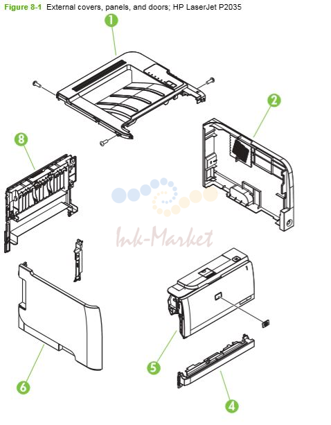 HP P2030 P2035 Covers, Panels and doors diagram printer parts diagram