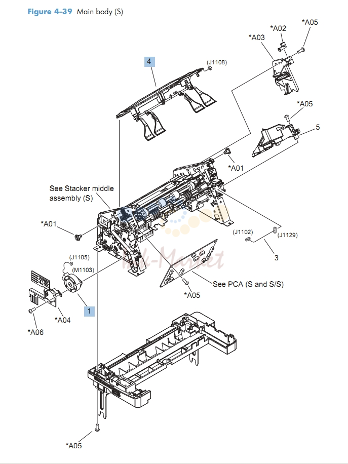 Main Body Stapler M601 M602 M603 HP Laser Printer Diagrams