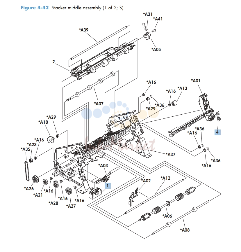 Stacker middle assembly 1 of 2 M601 M602 M603 HP Laser Printer Diagrams