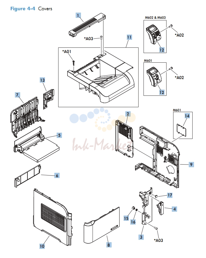 Covers M601 M602 M603 HP Laser Printer Diagrams
