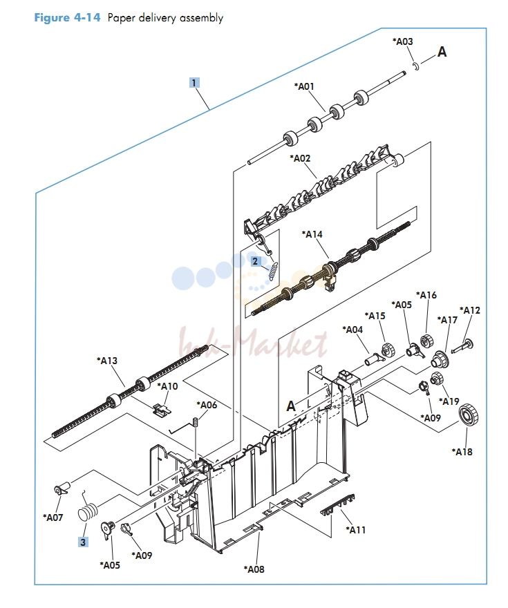 Paper delivery assembly M601 M602 M603 HP Laser Printer Diagrams