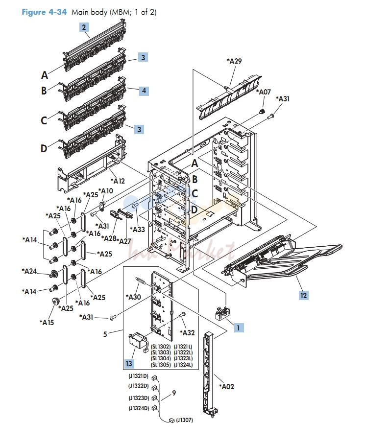 Main Body 1 of 2 MBM multi bin mailbox M601 M602 M603 HP Laser Printer Diagrams
