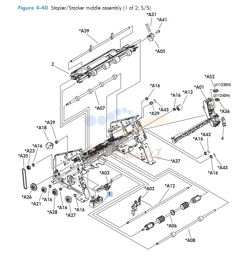 Stapler Stacker middle assembly 1 of 2 M601 M602 M603 HP Laser Printer Diagrams