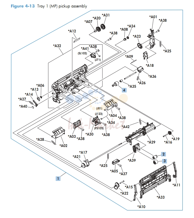 Tray 1 MP pickup assembly M601 M602 M603 HP Laser Printer Diagrams
