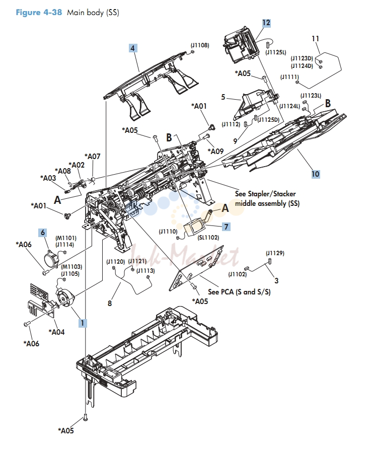 Main Body Stacker M601 M602 M603 HP Laser Printer Diagrams