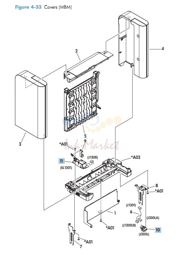 Covers MBM multi bin mailbox M601 M602 M603 HP Laser Printer Diagrams