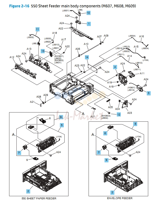 8. Sheet Feeder main body components M607 M608 M609 HP Printer Diagram