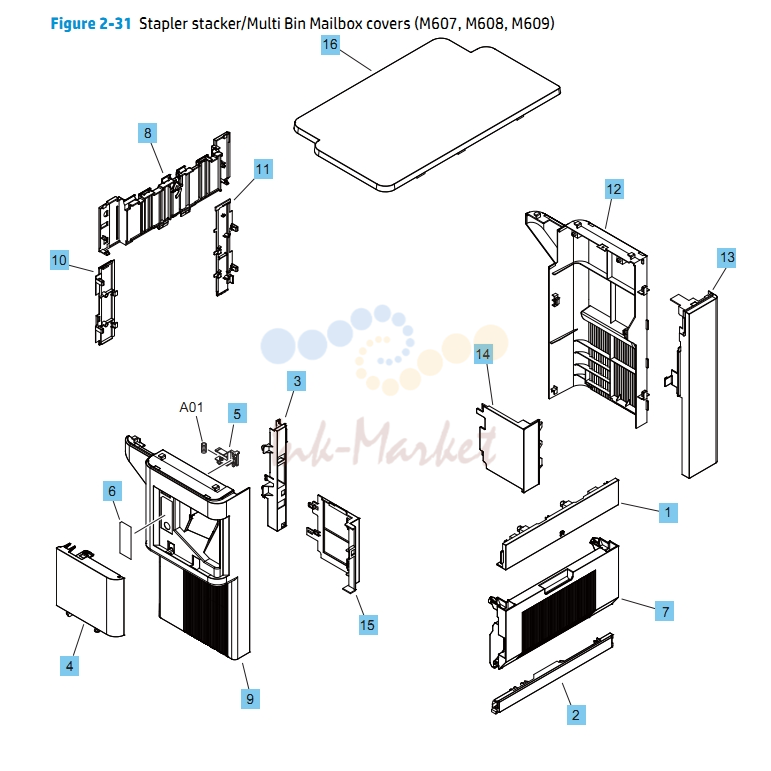 12. Stapler Stacker Multi Bin Mailbox Covers M607 M608 M609 HP Printer Diagram