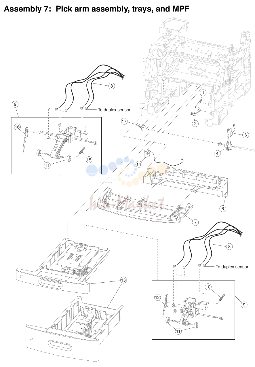 7. Assembly 7: Pick arm assembly, trays, and MPF