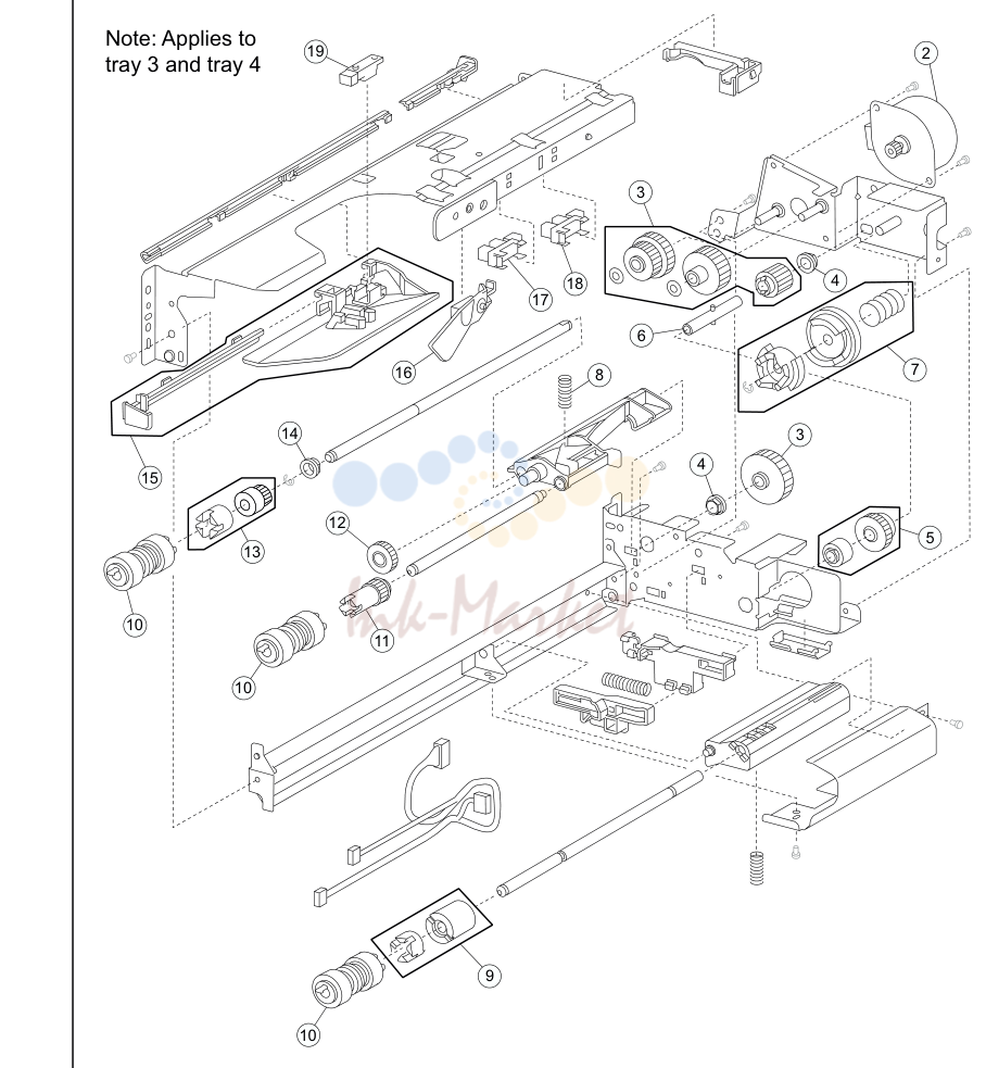 Media feed unit exploded (tray 1 and tray 2)